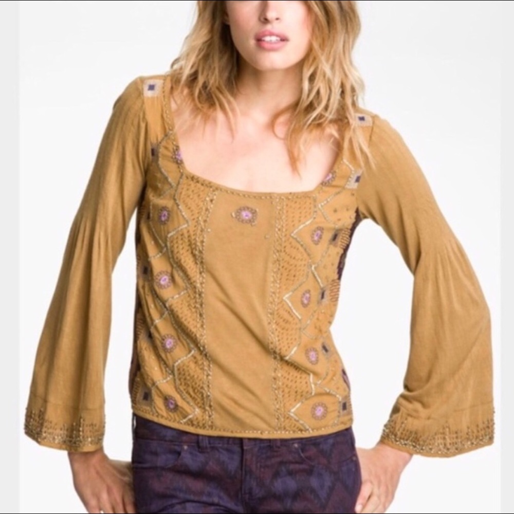 Free People size XS gold beaded long sleeve top